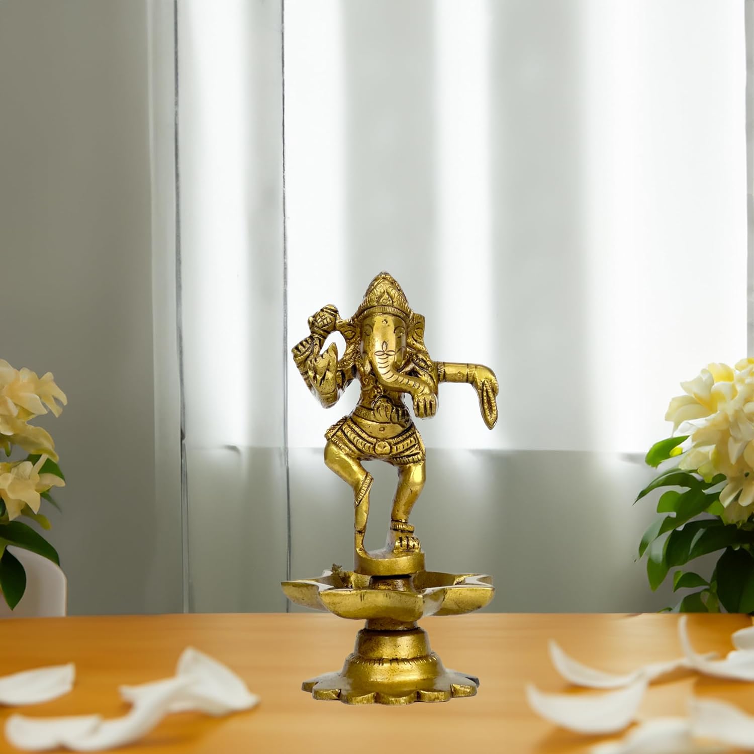 The Artful Decor Brass Dancing Ganesh Diya with Wick Holder with Stand